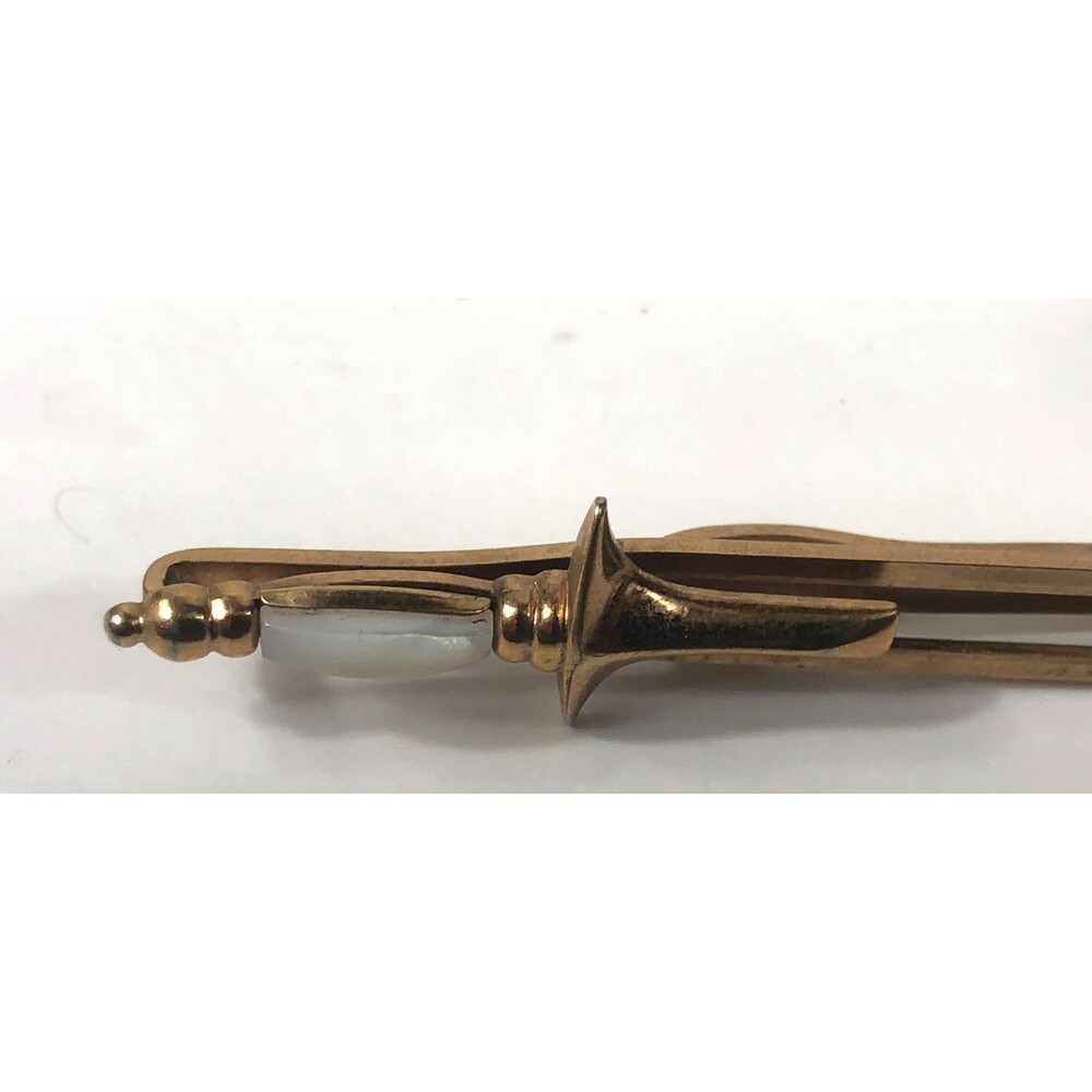 Vintage SWANK Sword Dagger Tie Clip Bar Gold Tone Mother of Pearl Handle Unique - Picture 5 of 9